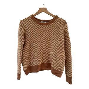 Ganni Chevron Wool-Blend Sweater Knit Zigzag Brown Cream Anthropologie Size L